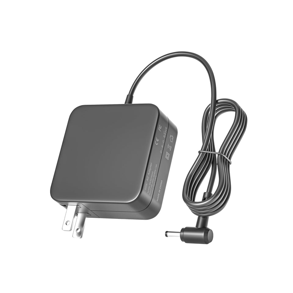 Burflo 65W laptop charger front view, compact design for travel.