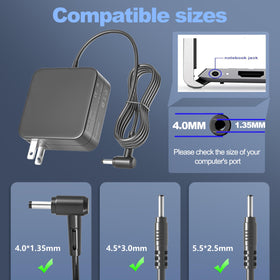 Burflo laptop charger side view showing slim profile and versatile plug options.