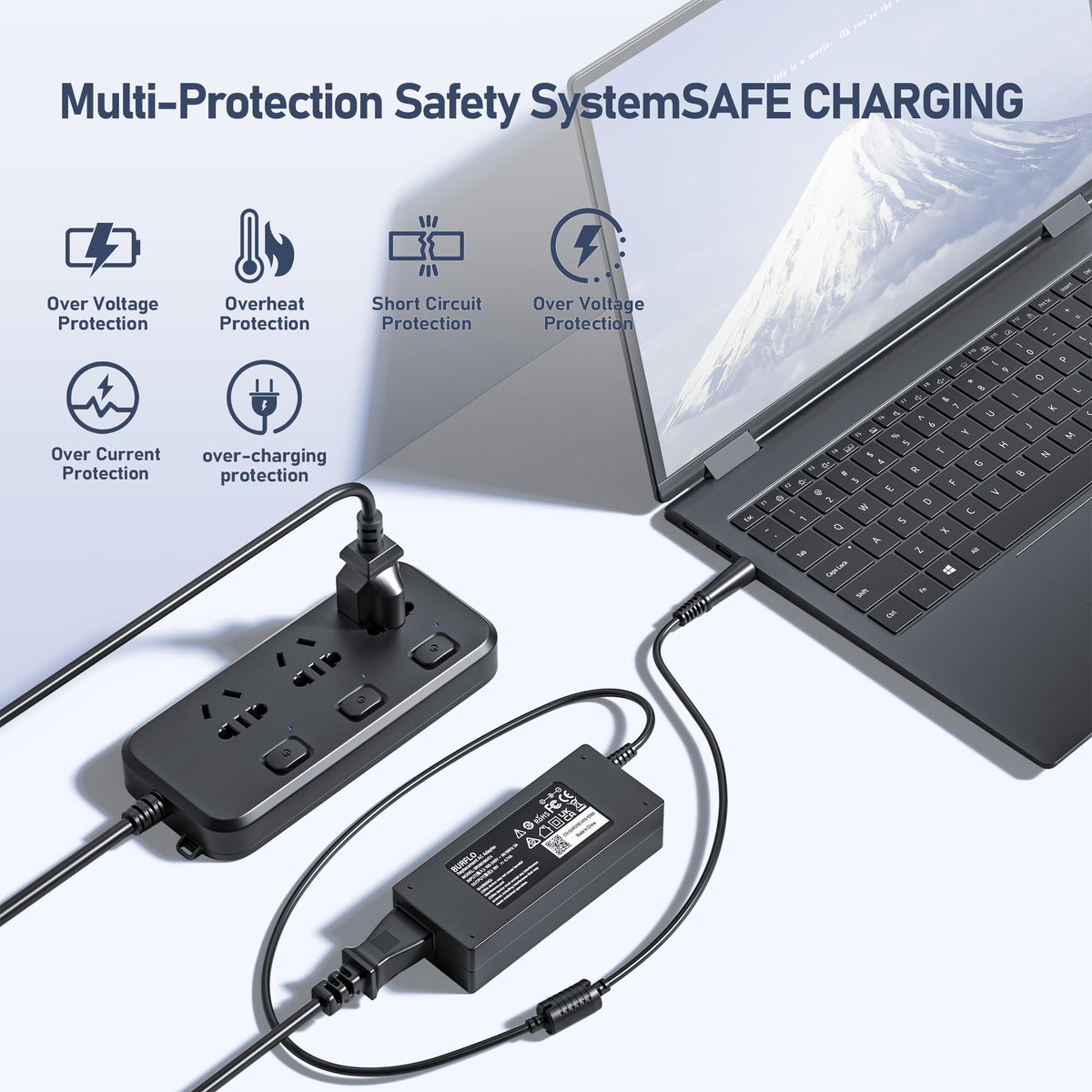 Burflo multi-protection indicators on the adapter ensuring safe charging.