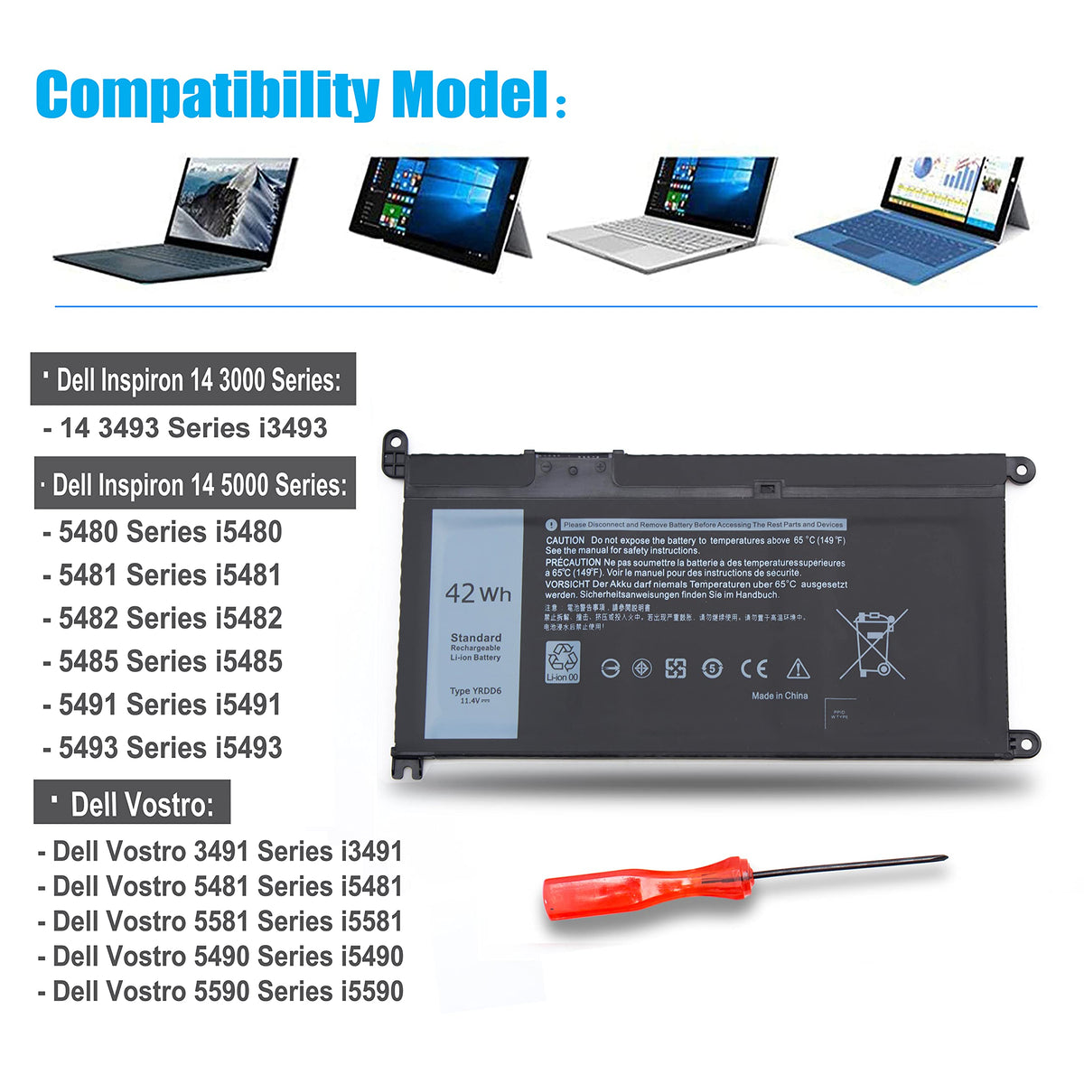 Burflo YRDD6 battery for Dell Inspiron 5584 with screwdriver included for quick install