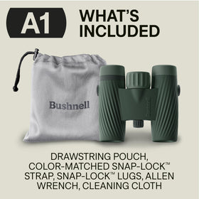 Bushnell A1 10x25 compact binoculars in-pack pouch keeps gear organized
