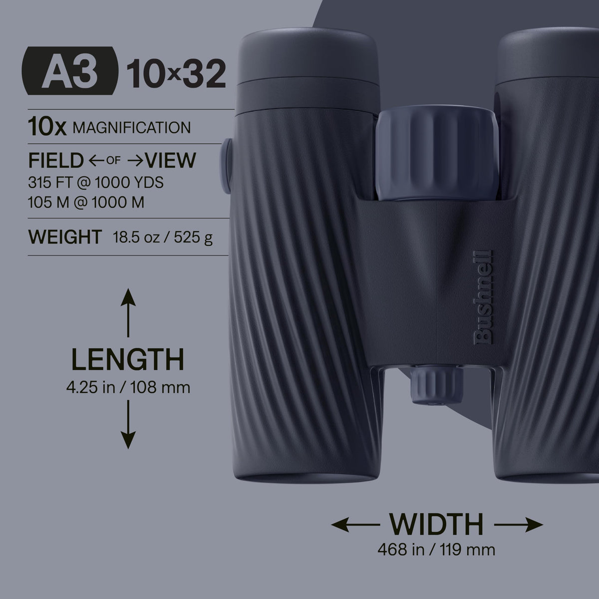 Bushnell A3 10x32 lenses close-up highlights bright, crisp detail for wildlife viewing.