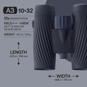 Bushnell A3 10x32 lenses close-up highlights bright, crisp detail for wildlife viewing.