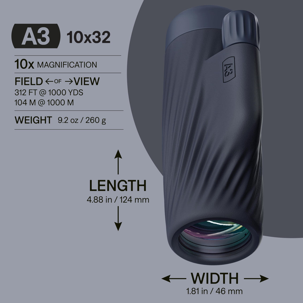 Bushnell A3 10x32 monocular offers 10x magnification for distant views.