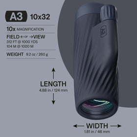Bushnell A3 10x32 monocular offers 10x magnification for distant views.