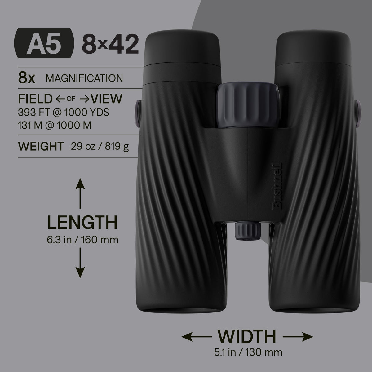 Close-up of Bushnell A5 8x42 lenses showing multi-coated optics for vivid color