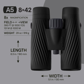Close-up of Bushnell A5 8x42 lenses showing multi-coated optics for vivid color
