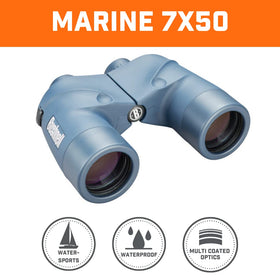 Bushnell Marine 7x50 binoculars side view showing rubber armor for secure grip at sea