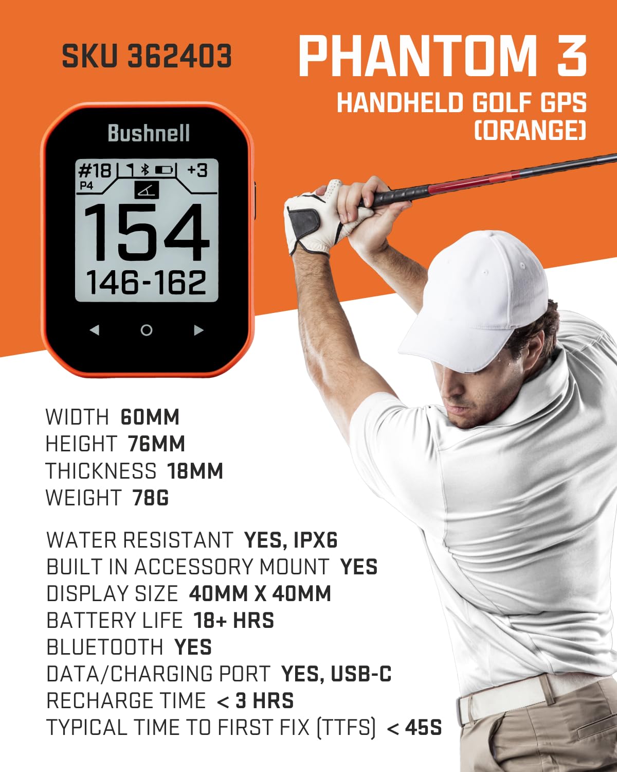 Bushnell Phantom 2 orange side view showing compact form factor.