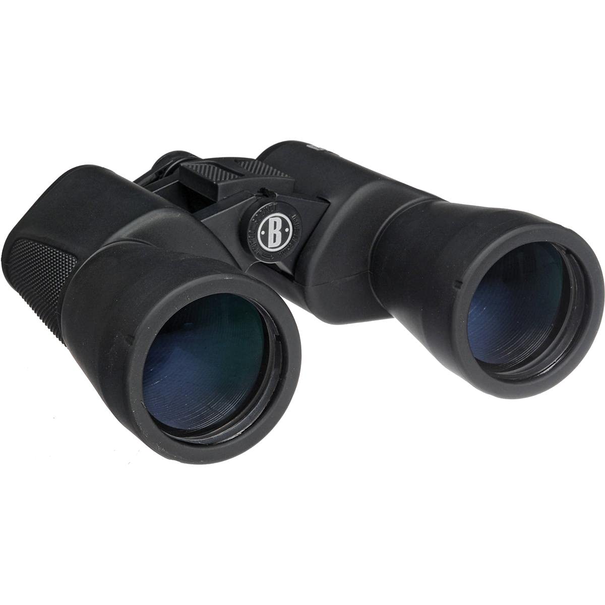 Bushnell Powerview 10x50 binoculars side grip showing non-slip handle for stable viewing