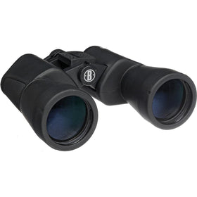 Bushnell Powerview 10x50 binoculars side grip showing non-slip handle for stable viewing