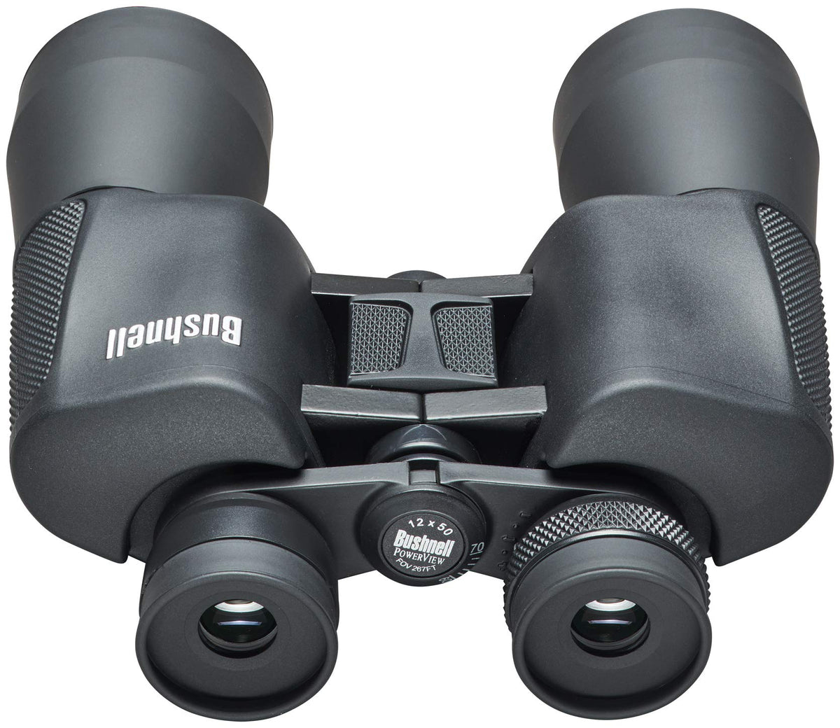 Bushnell Powerview 12x50 neck strap attached for secure carrying