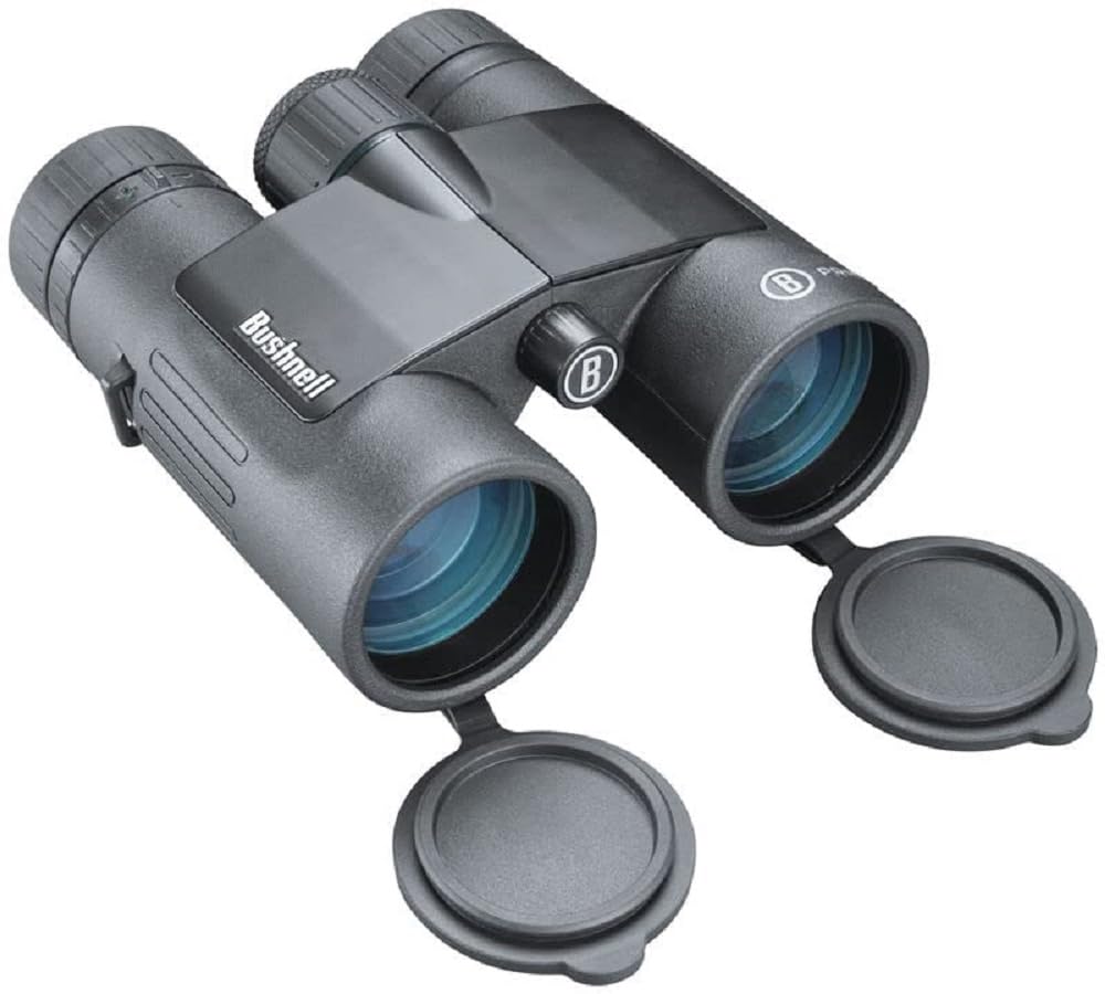 Bushnell Prime 10x42 binoculars front view highlighting rugged outdoor design for field use.
