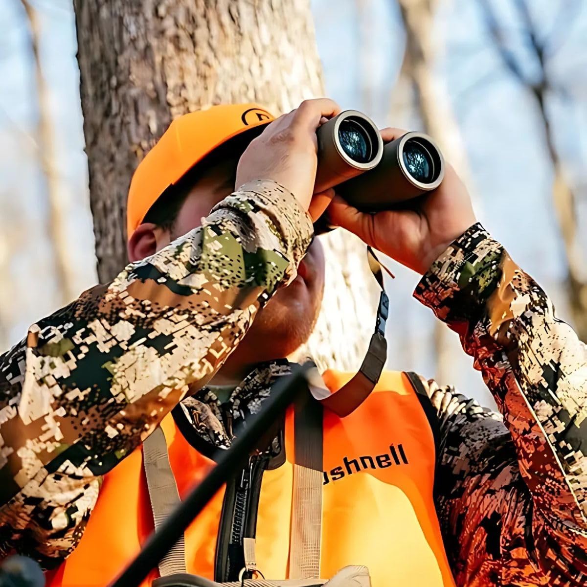 Bushnell R3 10x42 binoculars with chest harness for stable, hands-free use