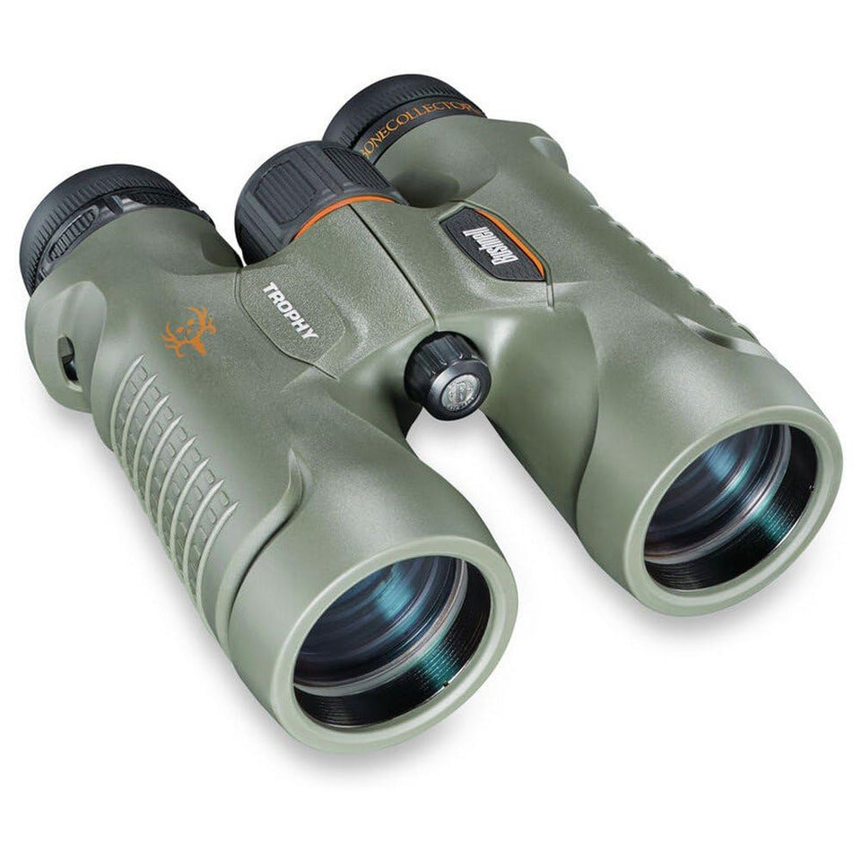 Bushnell Trophy 10x42 binoculars with green Bone Collector finish deliver crisp optics for wildlife viewing.