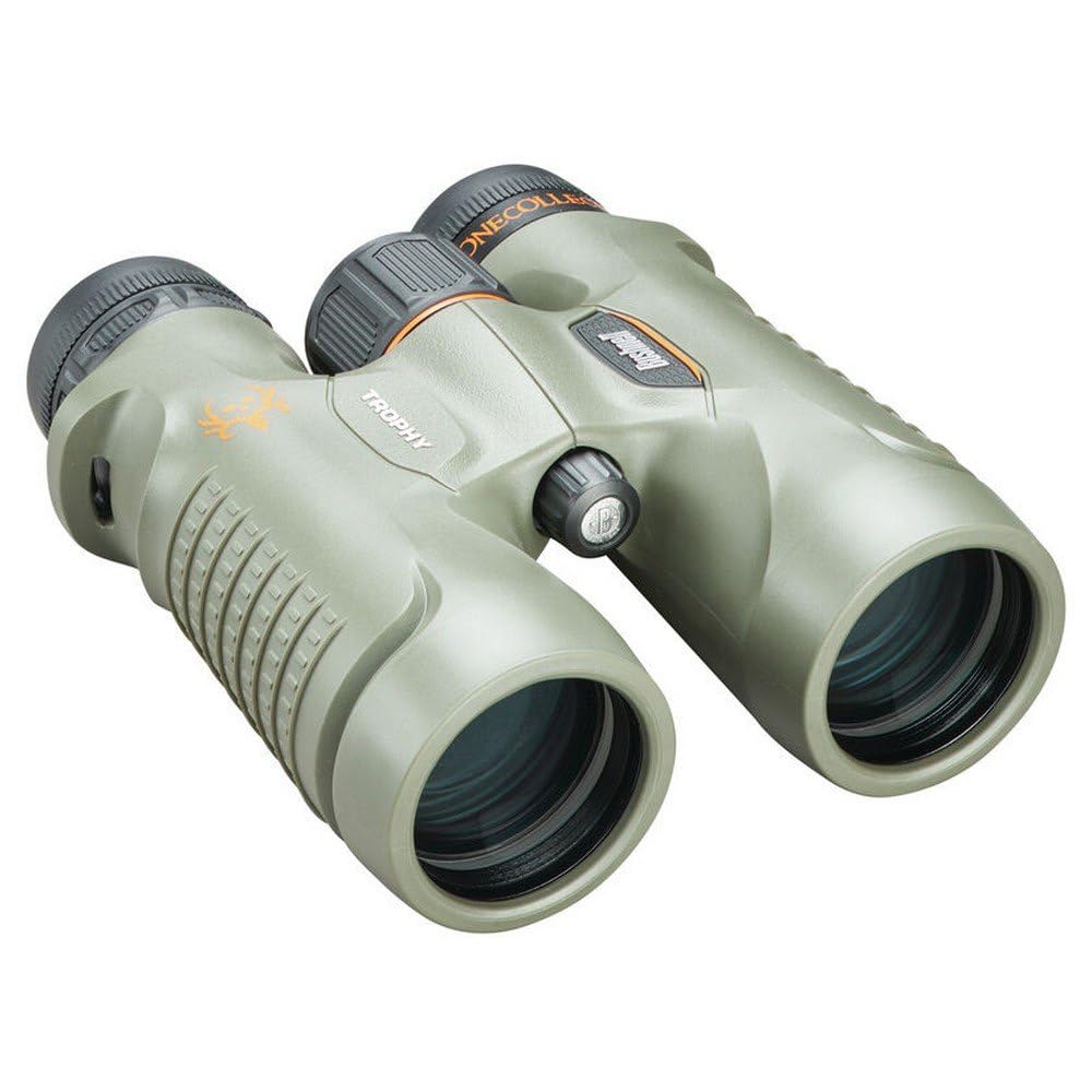 Bushnell Trophy 10x42 binoculars waterproof design ideal for rugged outdoor conditions.