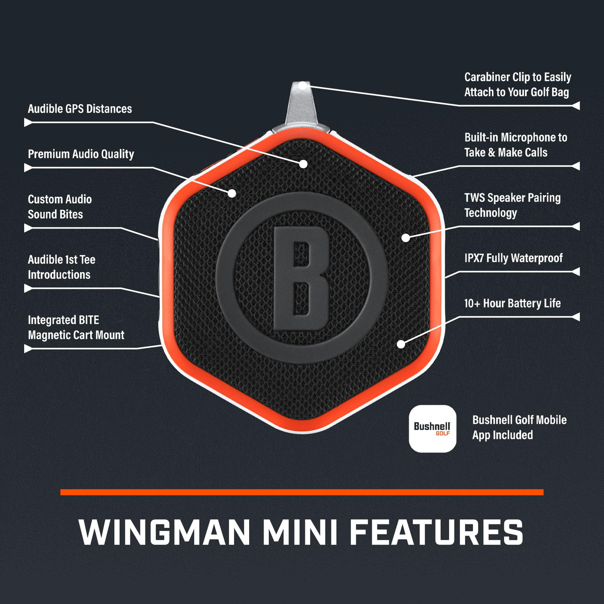 Orange Wingman Mini on cart rail delivering GPS distance prompts clearly