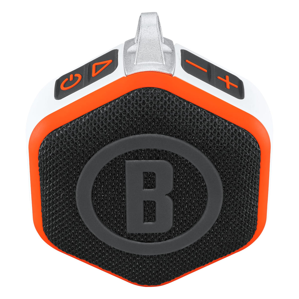 Bushnell Wingman Mini clipped to golf bag for audible distances on the course
