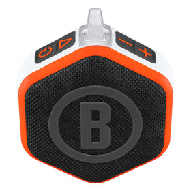 Bushnell Wingman Mini clipped to golf bag for audible distances on the course