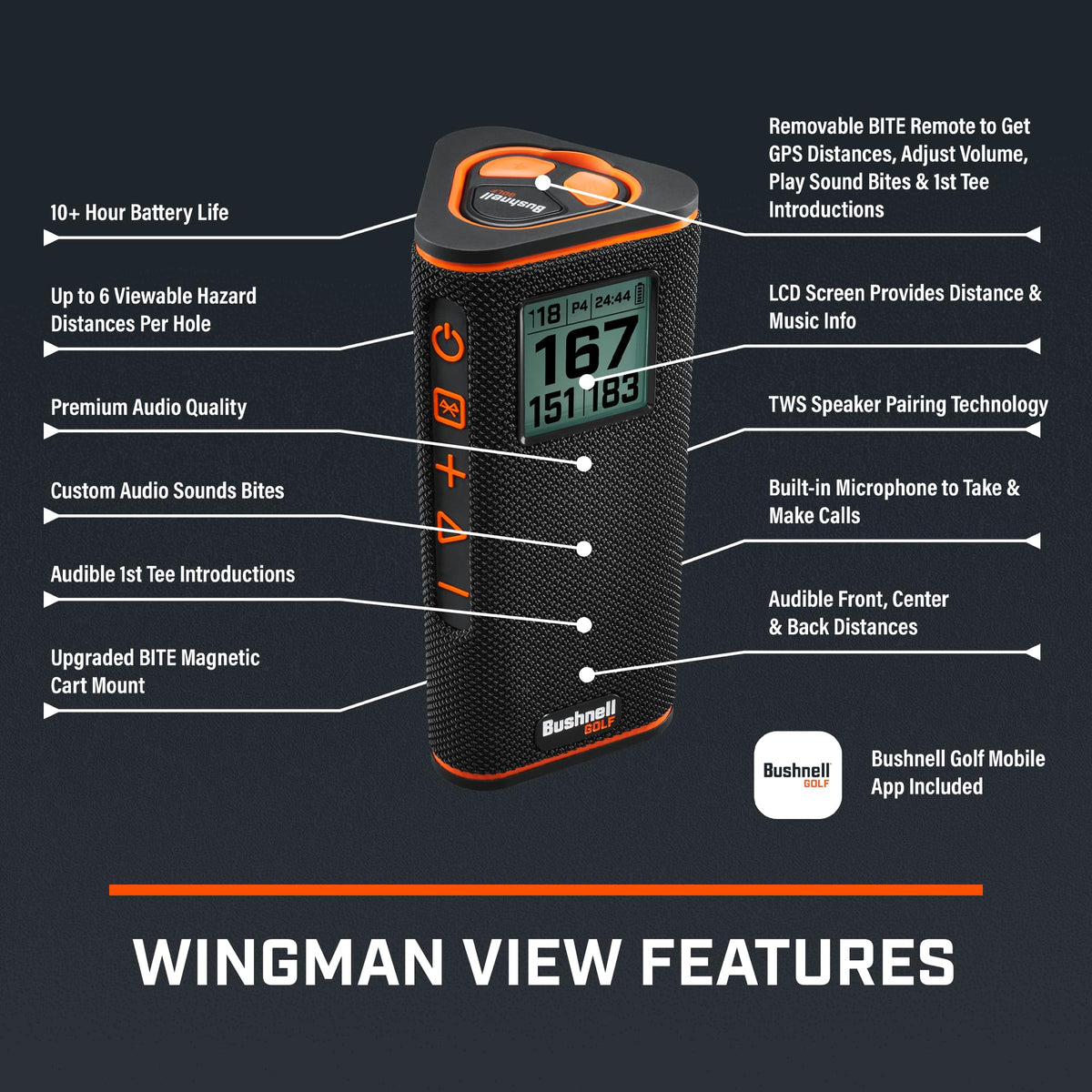 Wingman View LCD screen with distance readings and song details