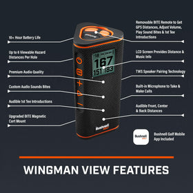 Wingman View LCD screen with distance readings and song details