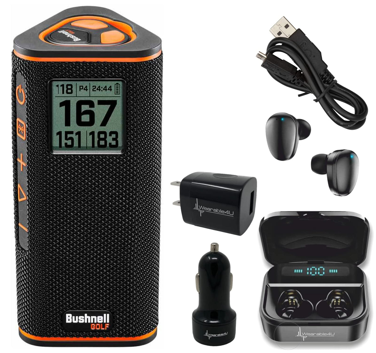 Bushnell Wingman View LCD screen displays GPS distances and music data on course.