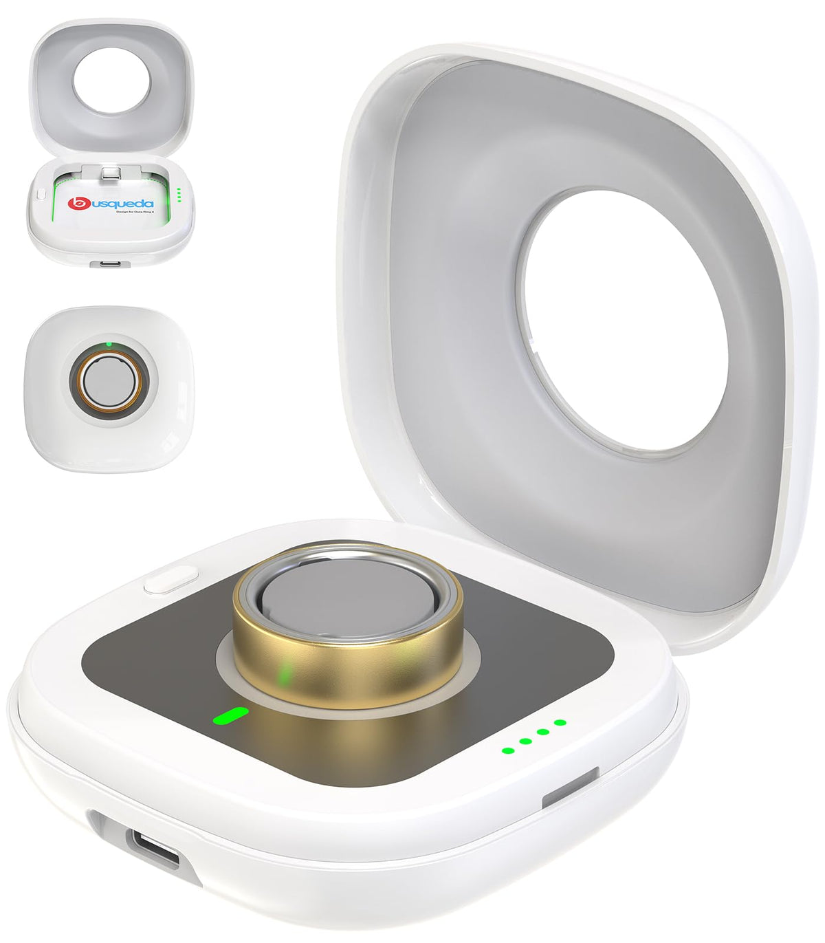 búsqueda front packaging view showing compact charger case and benefits