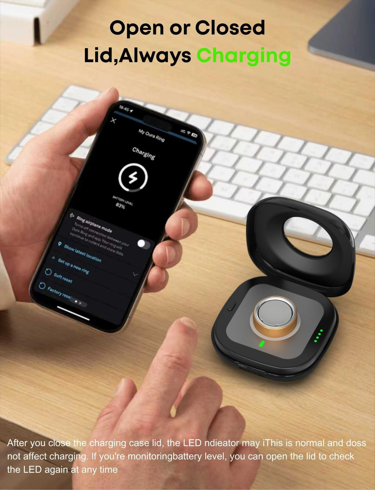 búsqueda lid window with LED visible for quick charging status checks