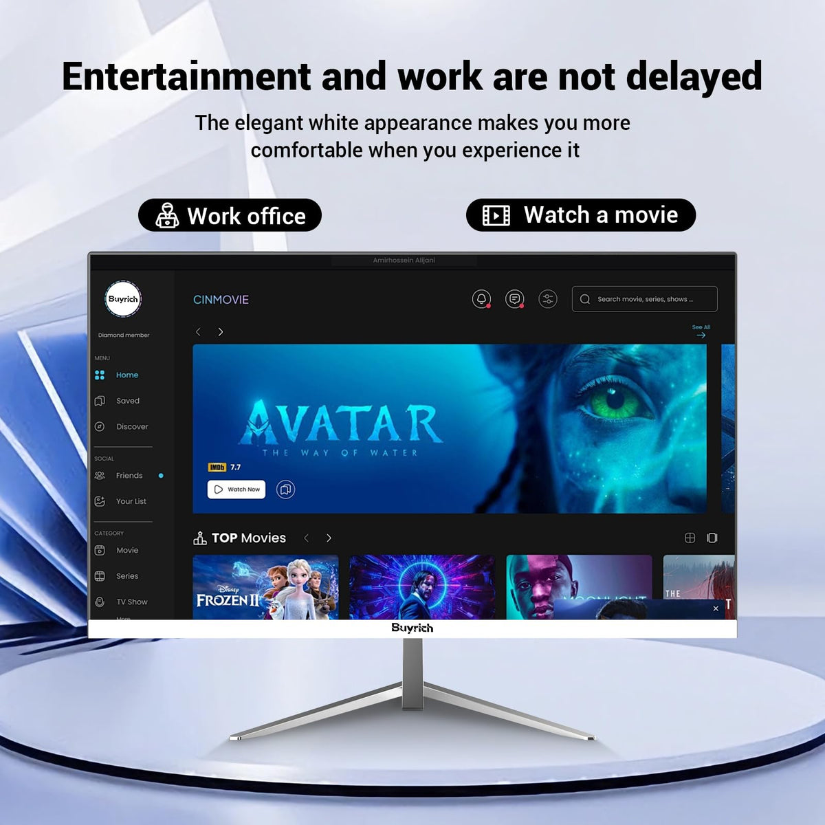 BUYRICH 24-inch monitor with ergonomic tilt for comfortable viewing sessions.