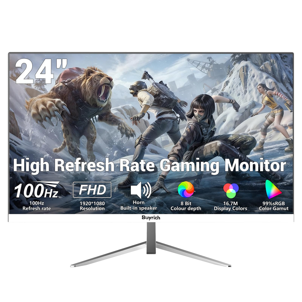BUYRICH 24-inch monitor front view highlighting compact desk fit and sleek white finish.
