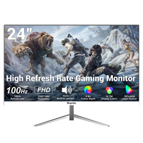 BUYRICH 24-inch monitor front view highlighting compact desk fit and sleek white finish.