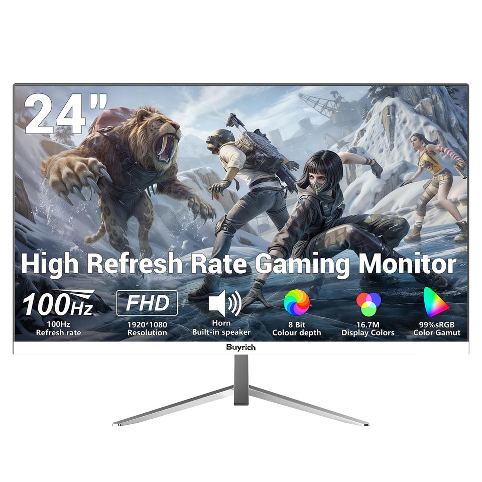BUYRICH 24-inch monitor front view highlighting compact desk fit and sleek white finish.