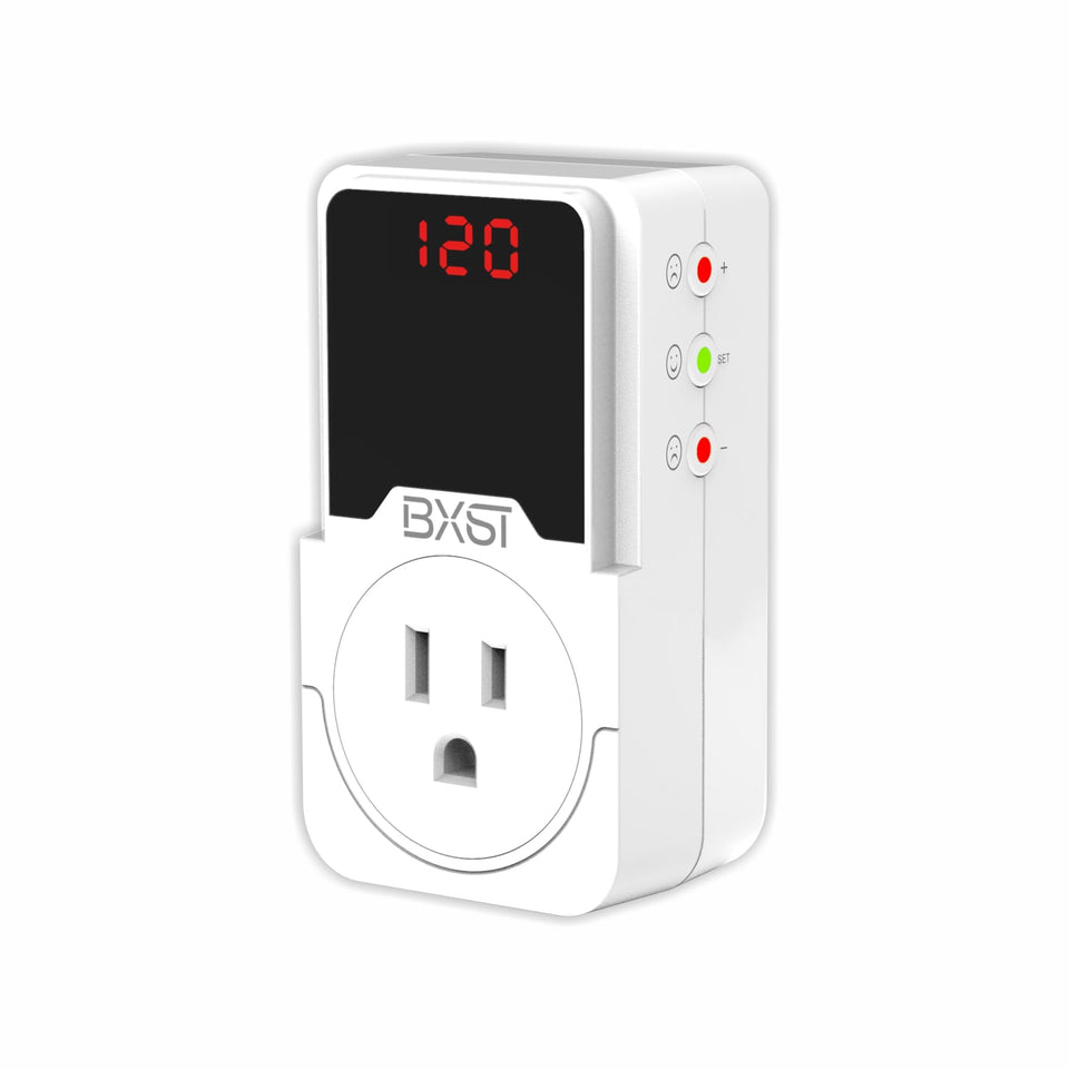 BXST 140J surge protector front view showing compact outlet for appliances.