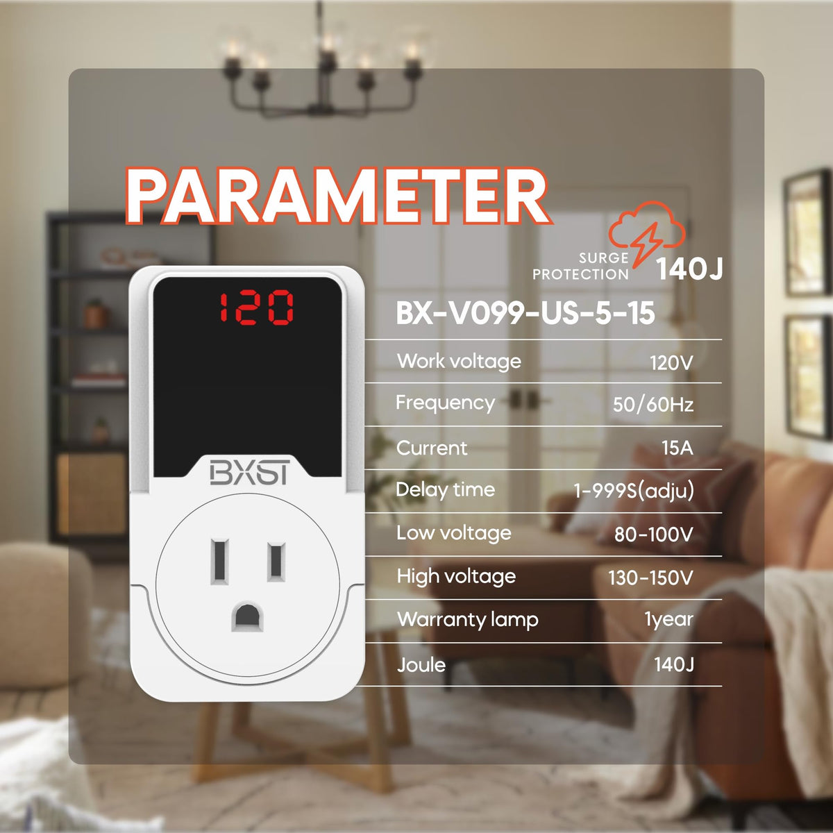BXST 140J surge protector side view highlights portable form for on-the-go protection.