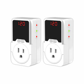 BXST front view of surge protector outlet showing ports and branding, protects appliances