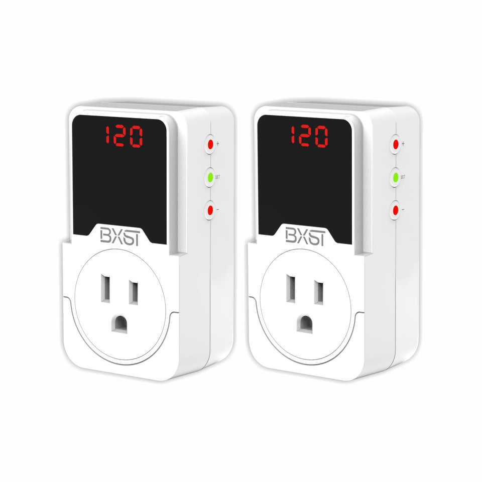 BXST front view of surge protector outlet showing ports and branding, protects appliances