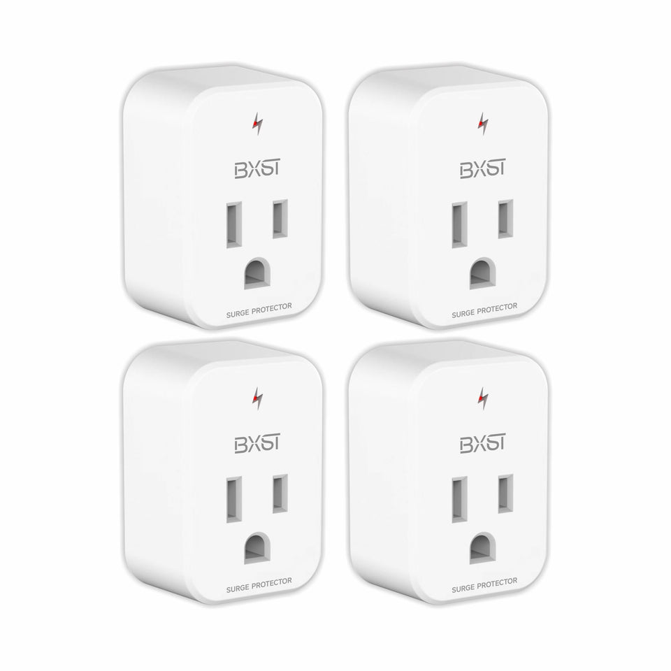 BXST front view single outlet protector showing plug and housing, saves space