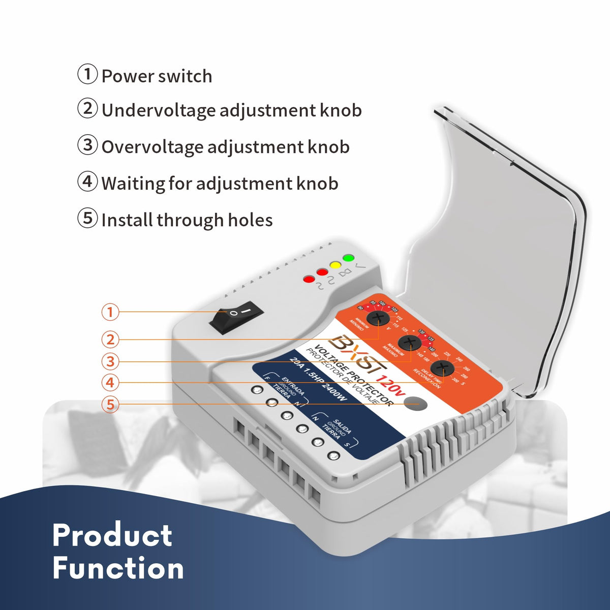 BXST under-over voltage protection auto-trips to guard electronics.