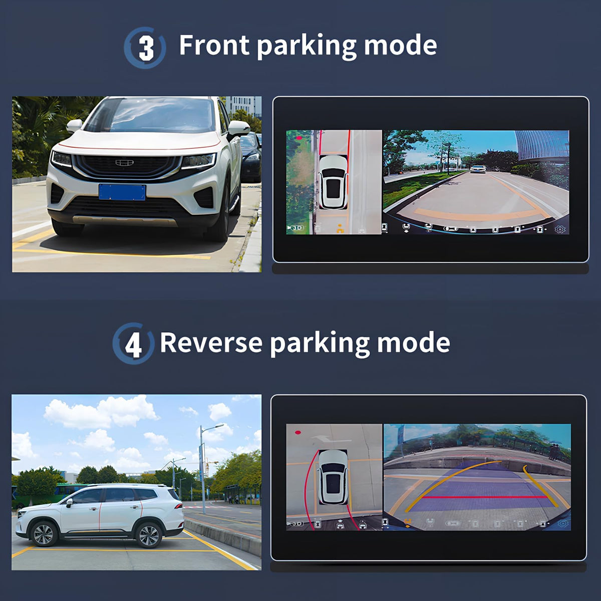BY-J 360 stitching display shows top-down parking view