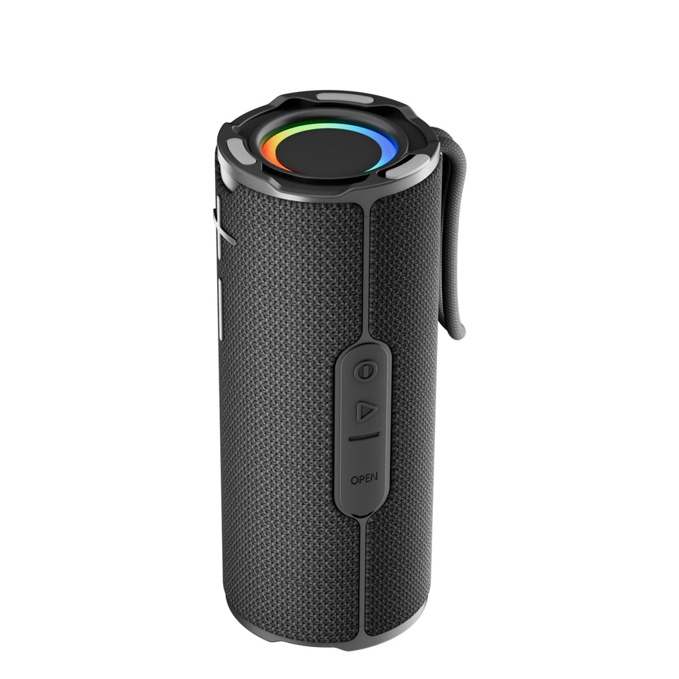 BYANDBY speaker front view showing compact design and stereo drivers, great for travel