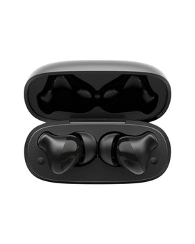 BYDTOOPCBD earbuds next to hand showing compact size and portability