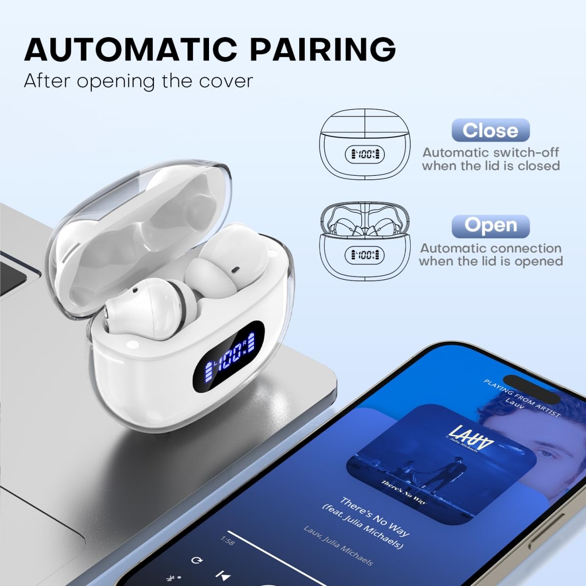BYDTOOPCBD P1 PRO charging case open showing earbuds and LED battery indicators benefit