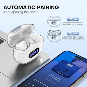 BYDTOOPCBD P1 PRO charging case open showing earbuds and LED battery indicators benefit