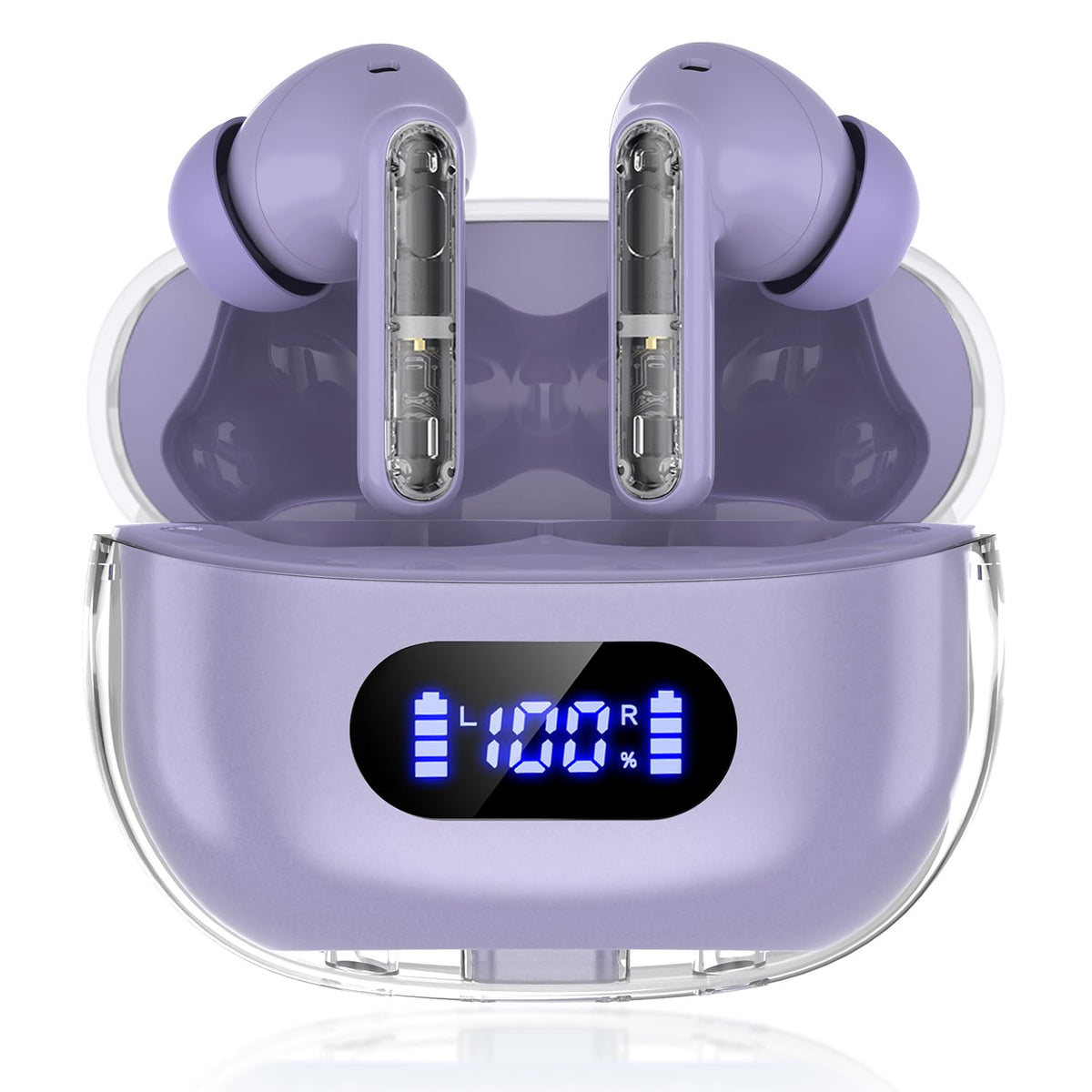 BYDTOOPCBD P1 PRO front view showing purple earbuds and case, clear design benefit