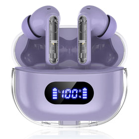 BYDTOOPCBD P1 PRO front view showing purple earbuds and case, clear design benefit