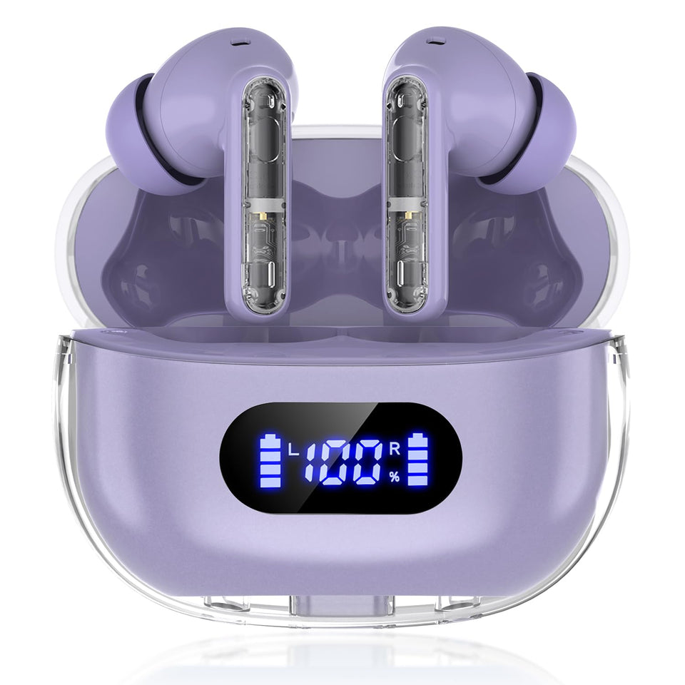 BYDTOOPCBD P1 PRO front view showing purple earbuds and case, clear design benefit