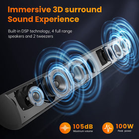 BYL BESTISAN 100W soundbar side profile showing slim design and room-filling audio.