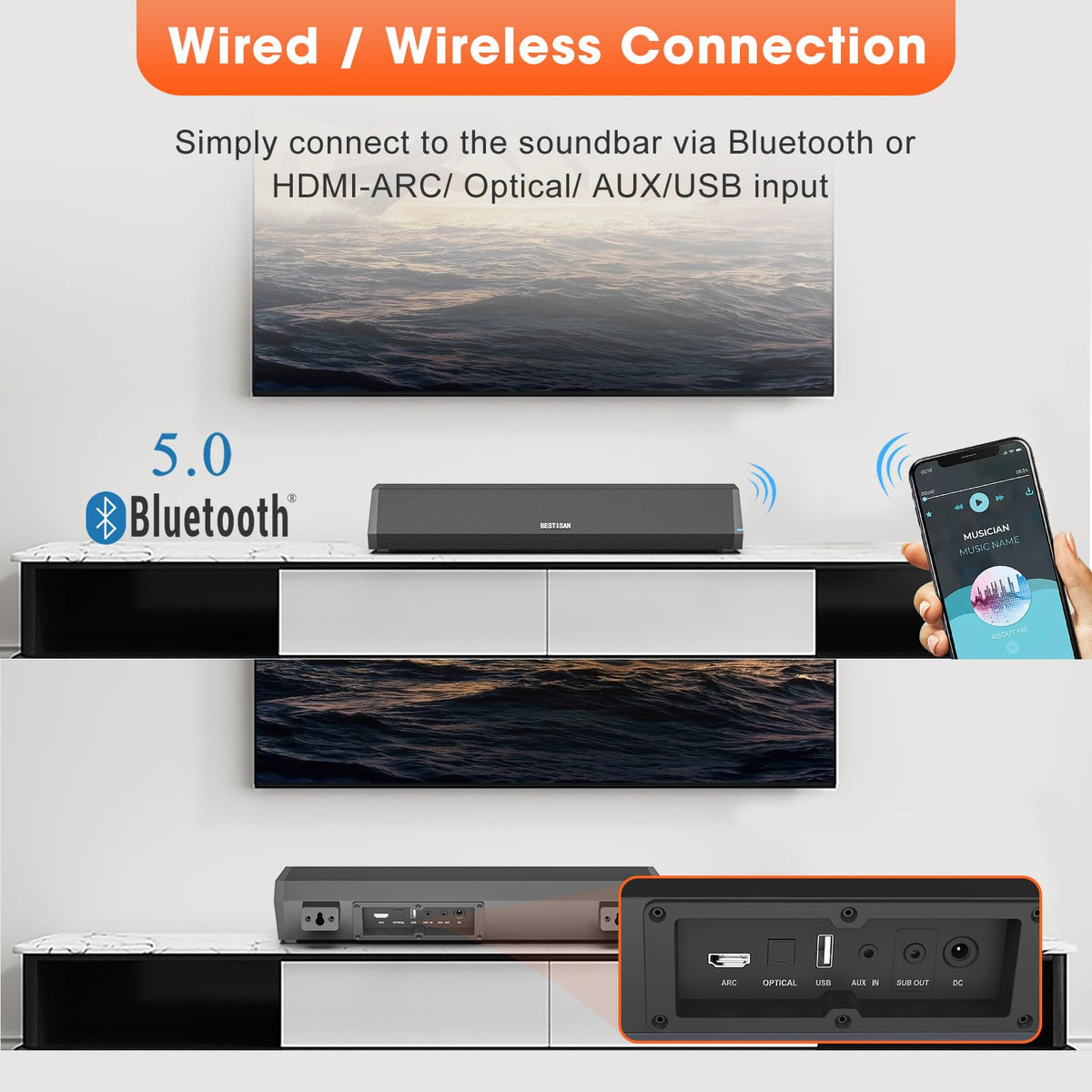 BYL Bestisan placed under a TV demonstrating compact setup and better dialogue clarity