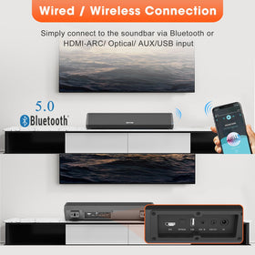 BYL Bestisan placed under a TV demonstrating compact setup and better dialogue clarity