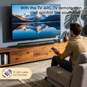 BYL lifestyle setup with sound bar under TV illustrating clearer sound for movies and shows